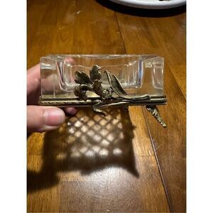 Vintage Mid Century modern MCM Thick Glass with Gold Tone Floral Holder Ashtray